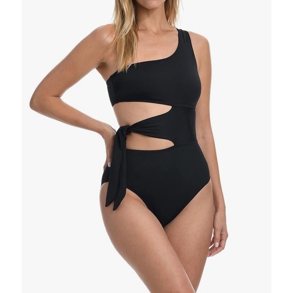 La Blanca Island Goddess Cutout One Shoulder Tummy Control Swimsuit Black Sz 4